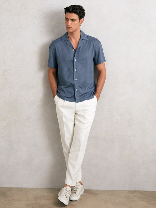 Jacquard-Stripe Cuban-Collar Shirt in Airforce Blue Men | Reiss