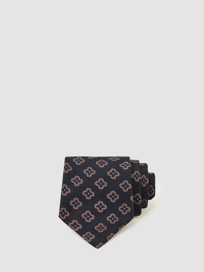 Silk-Wool Floral-Medallion Tie in Navy Men | Reiss