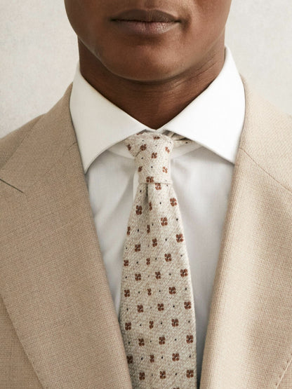 Wool-Silk Floral-Medallion Tie in Oatmeal Melange Men | Reiss