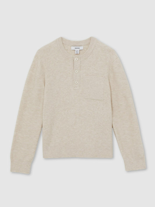 13-14 yrs Cotton-Blend Rib-Knit Henley Top in Oatmeal Melange Children & Baby | Reiss