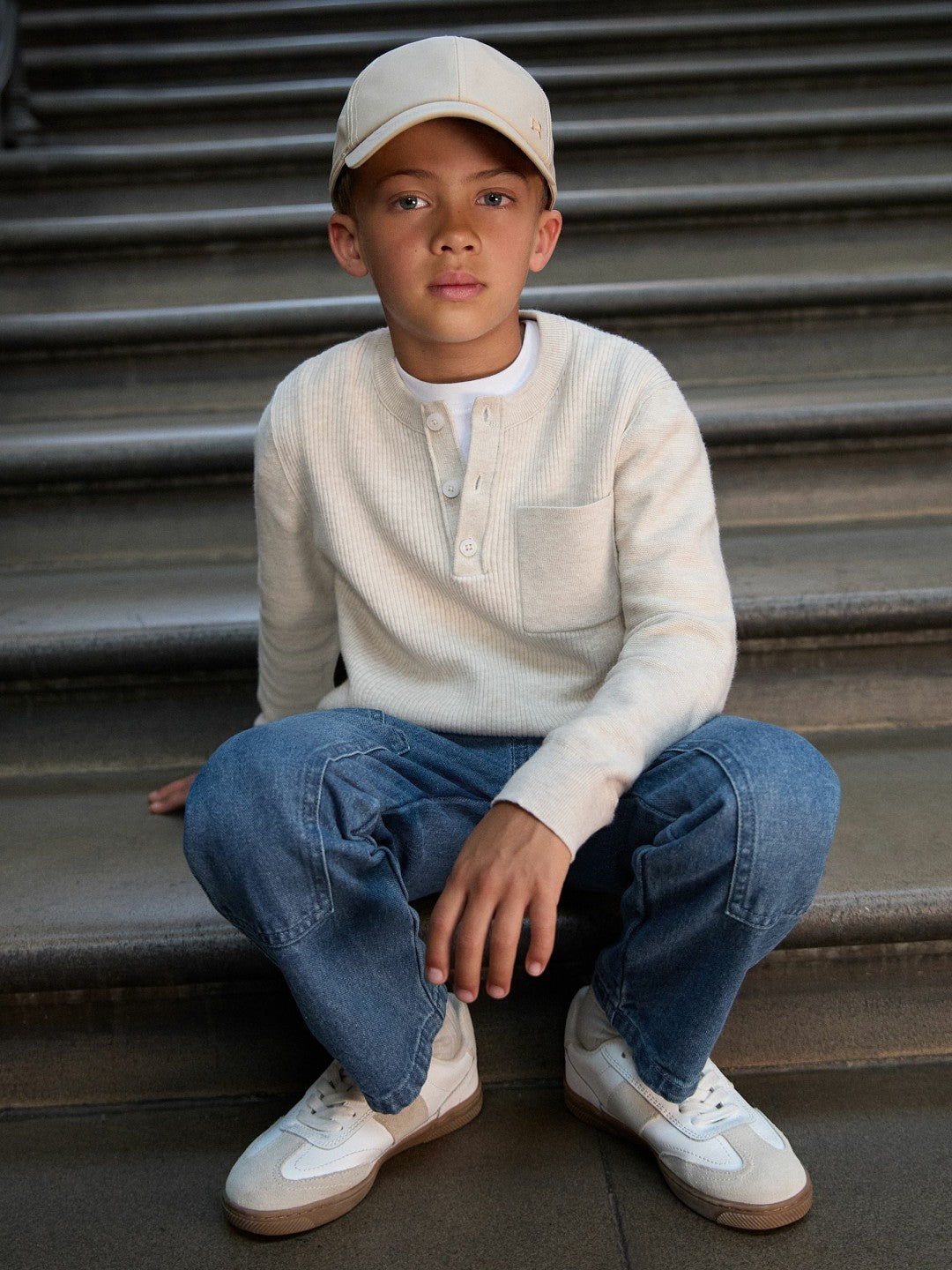 3-9 yrs Cotton-Blend Rib-Knit Henley Top in Oatmeal Melange Children & Baby | Reiss