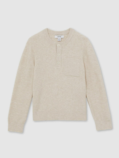 3-9 yrs Cotton-Blend Rib-Knit Henley Top in Oatmeal Melange Children & Baby | Reiss
