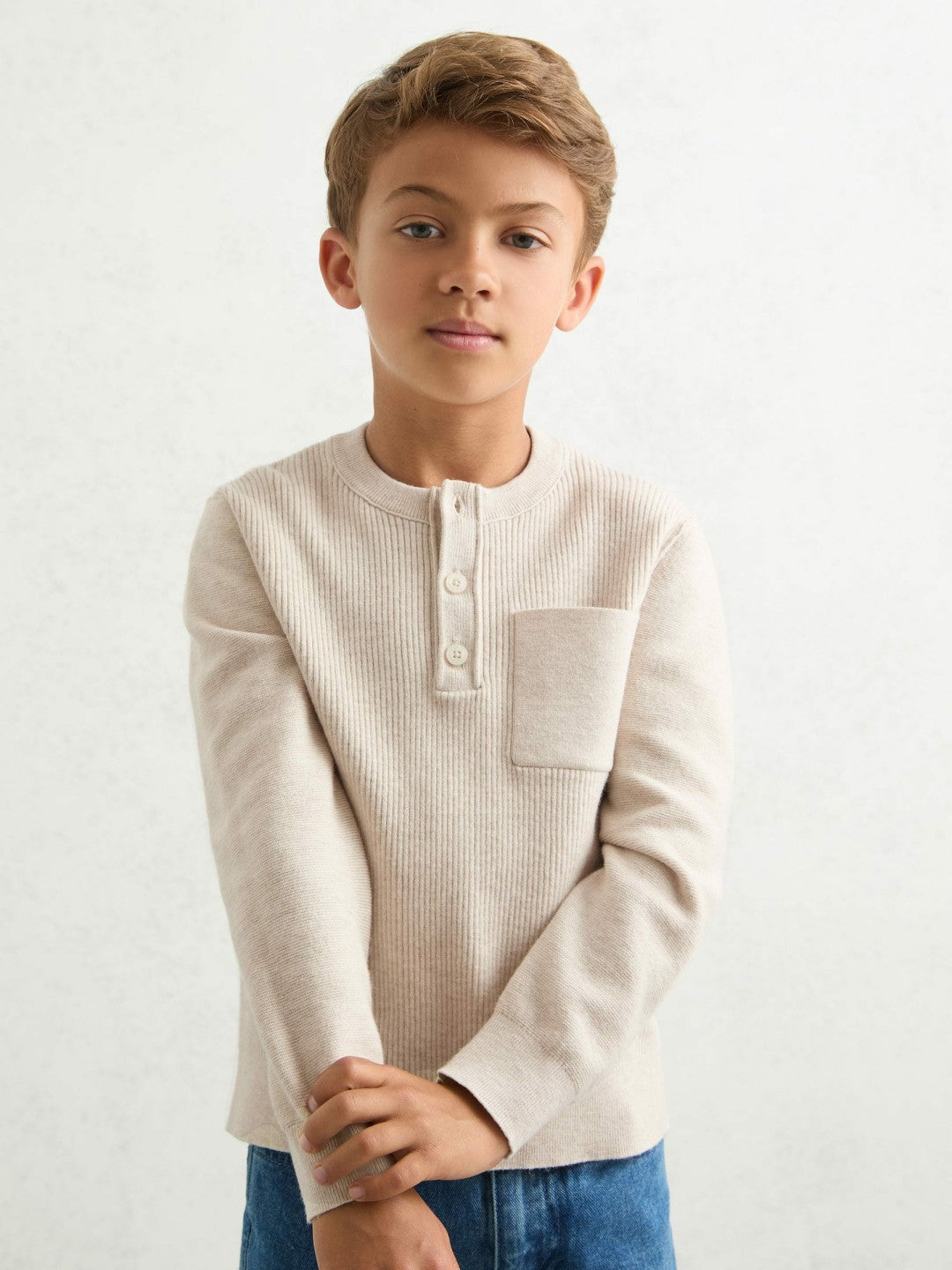3-9 yrs Cotton-Blend Rib-Knit Henley Top in Oatmeal Melange Children & Baby | Reiss