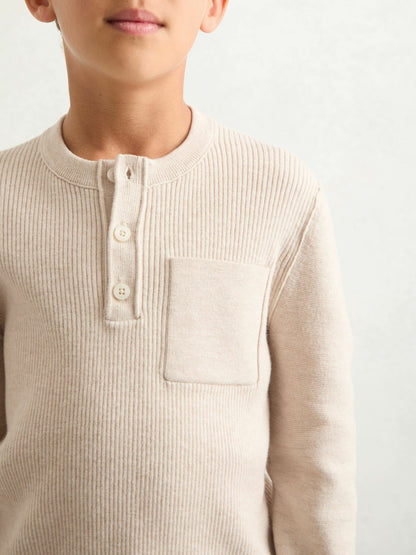 3-9 yrs Cotton-Blend Rib-Knit Henley Top in Oatmeal Melange Children & Baby | Reiss