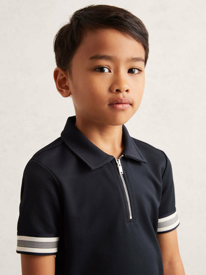 9-13 yrs Textured Half Zip Polo Shirt in Navy Blue Children & Baby | Reiss