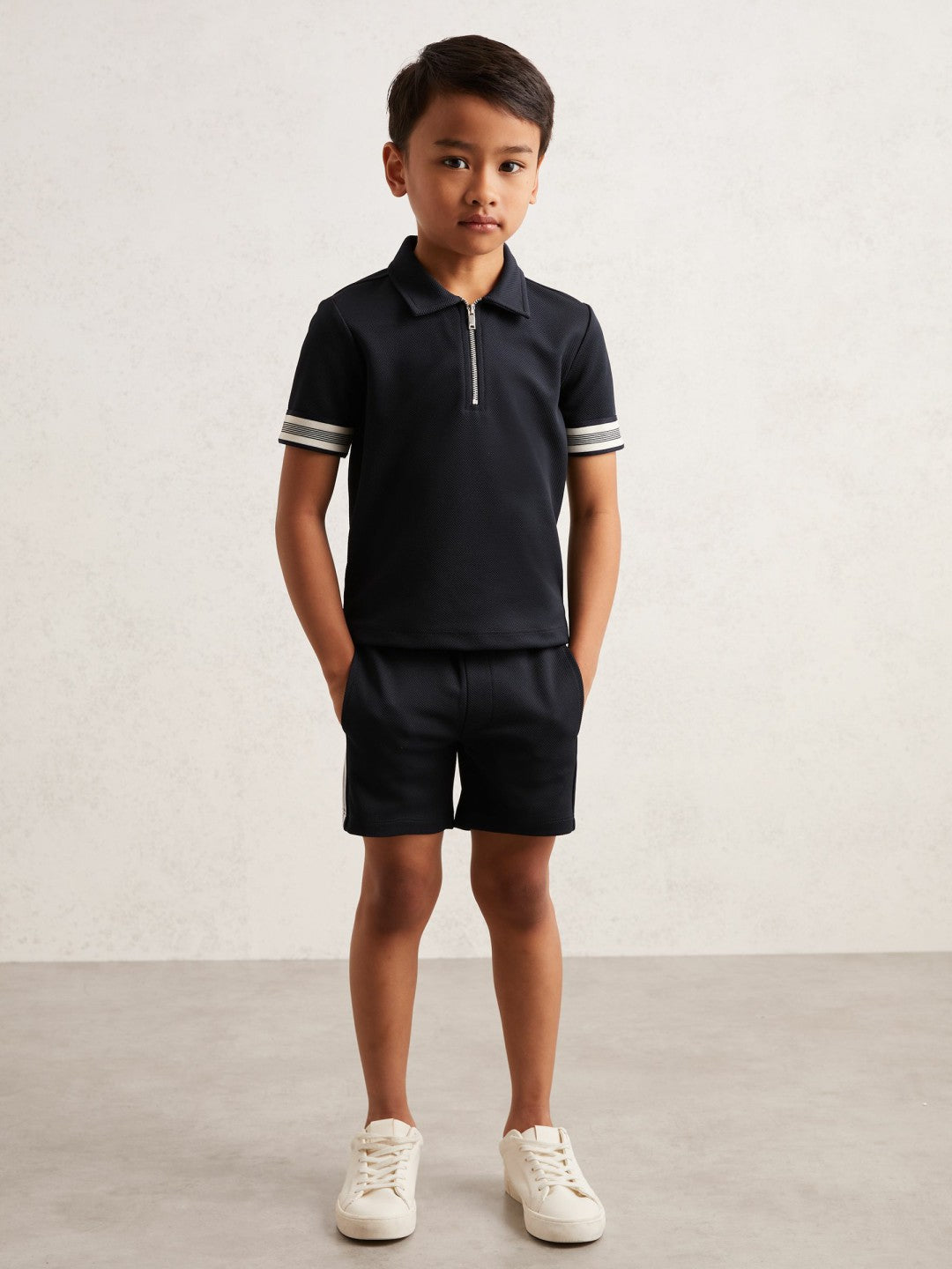 9-13 yrs Textured Half Zip Polo Shirt in Navy Blue Children & Baby | Reiss