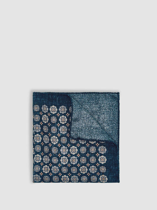 Silk Medallion Print Pocket Square in Indigo Melange Men | Reiss