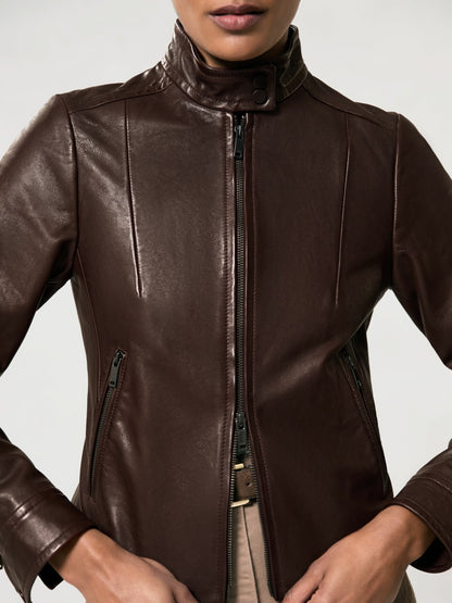Fitted Leather Biker Jacket in Burgundy Women | Reiss
