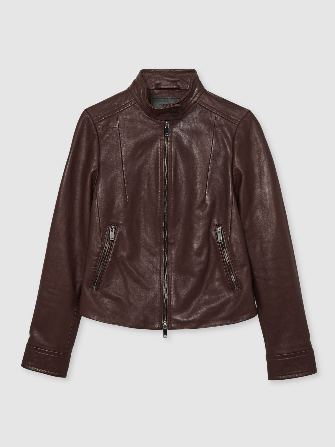 Fitted Leather Biker Jacket in Burgundy Women | Reiss