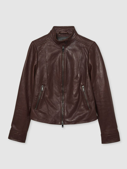 Fitted Leather Biker Jacket in Burgundy Women | Reiss