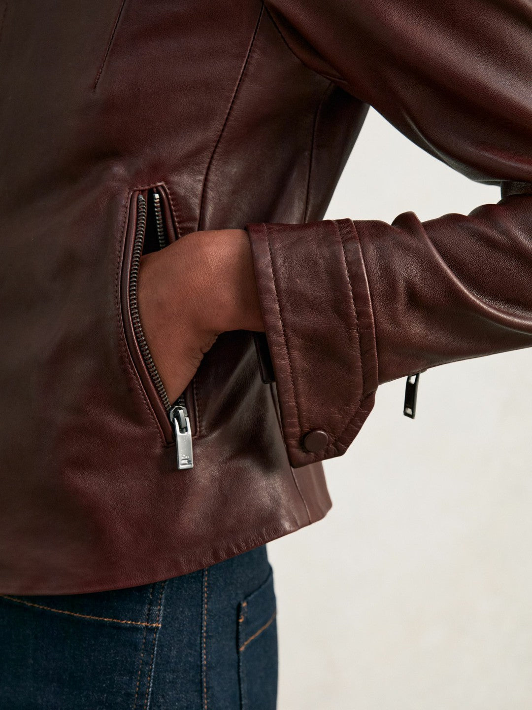 Fitted Leather Biker Jacket in Burgundy Women | Reiss