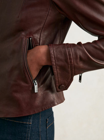 Fitted Leather Biker Jacket in Burgundy Women | Reiss