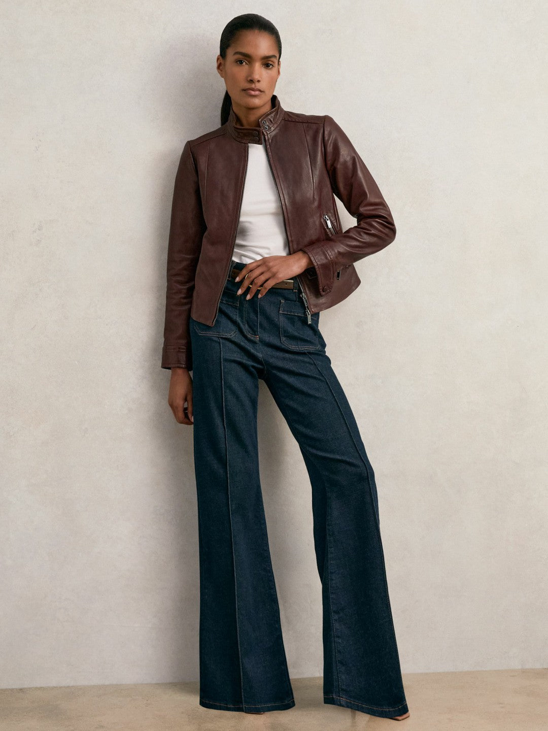 Fitted Leather Biker Jacket in Burgundy Women | Reiss