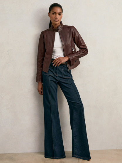 Fitted Leather Biker Jacket in Burgundy Women | Reiss