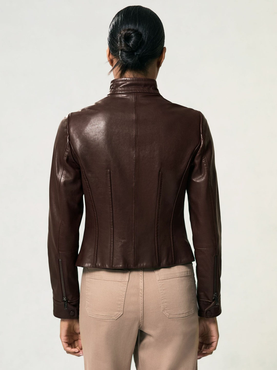 Fitted Leather Biker Jacket in Burgundy Women | Reiss