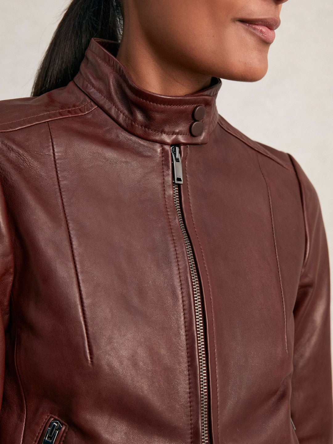 Fitted Leather Biker Jacket in Burgundy Women | Reiss