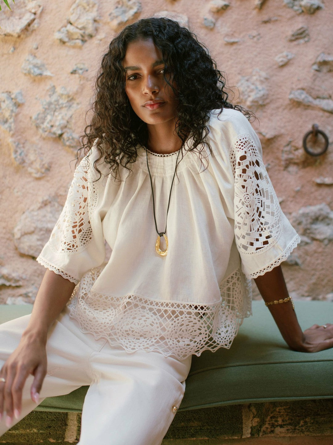 Linen Embroidered Swing Top in Ivory Women | Reiss