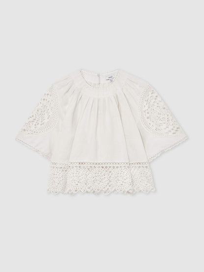 Linen Embroidered Swing Top in Ivory Women | Reiss