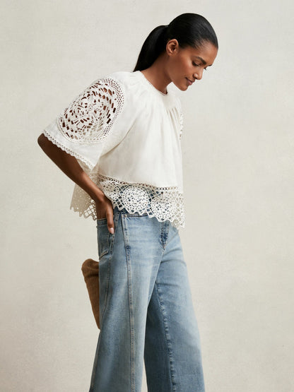 Linen Embroidered Swing Top in Ivory Women | Reiss