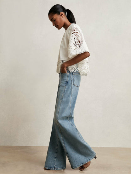 Linen Embroidered Swing Top in Ivory Women | Reiss