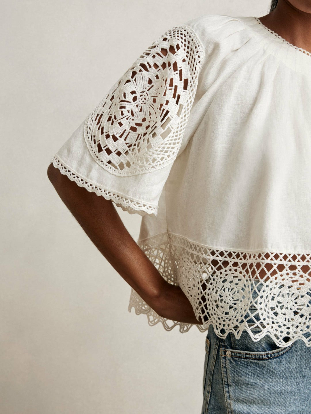 Linen Embroidered Swing Top in Ivory Women | Reiss