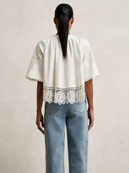 Linen Embroidered Swing Top in Ivory Women | Reiss