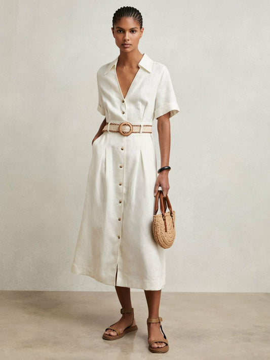 Petite Linen Belted Midi Shirt Dress in Ivory Women | Reiss