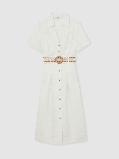 Petite Linen Belted Midi Shirt Dress in Ivory Women | Reiss