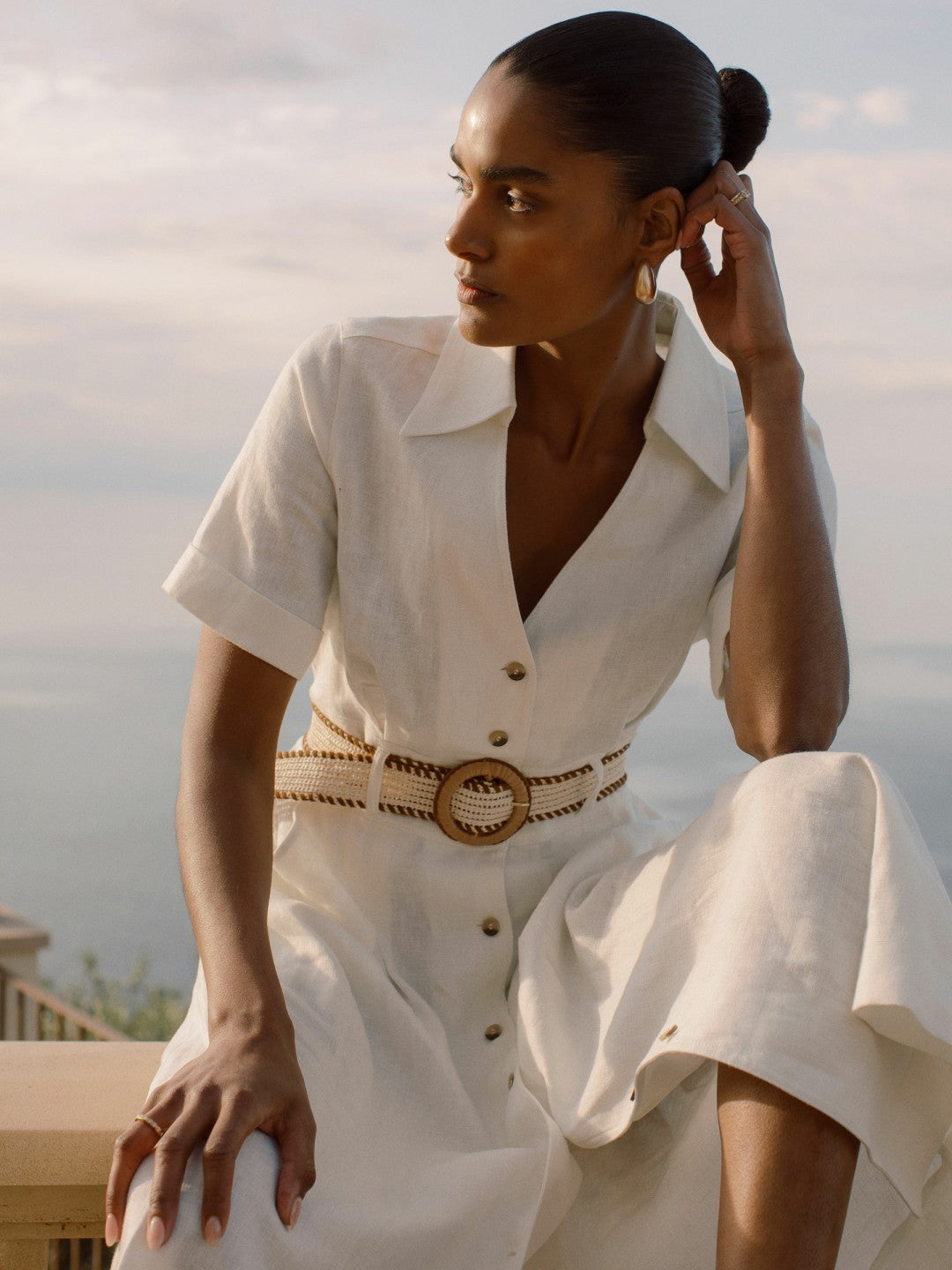 Petite Linen Belted Midi Shirt Dress in Ivory Women | Reiss