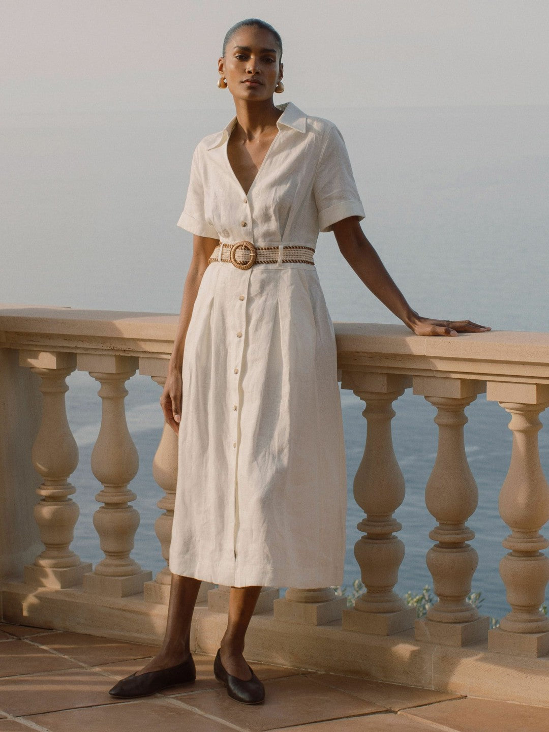 Petite Linen Belted Midi Shirt Dress in Ivory Women | Reiss