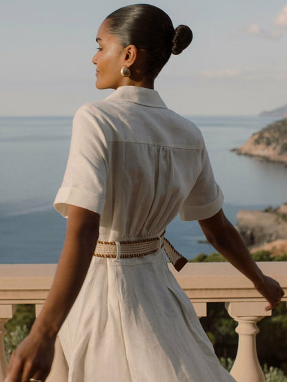Petite Linen Belted Midi Shirt Dress in Ivory Women | Reiss
