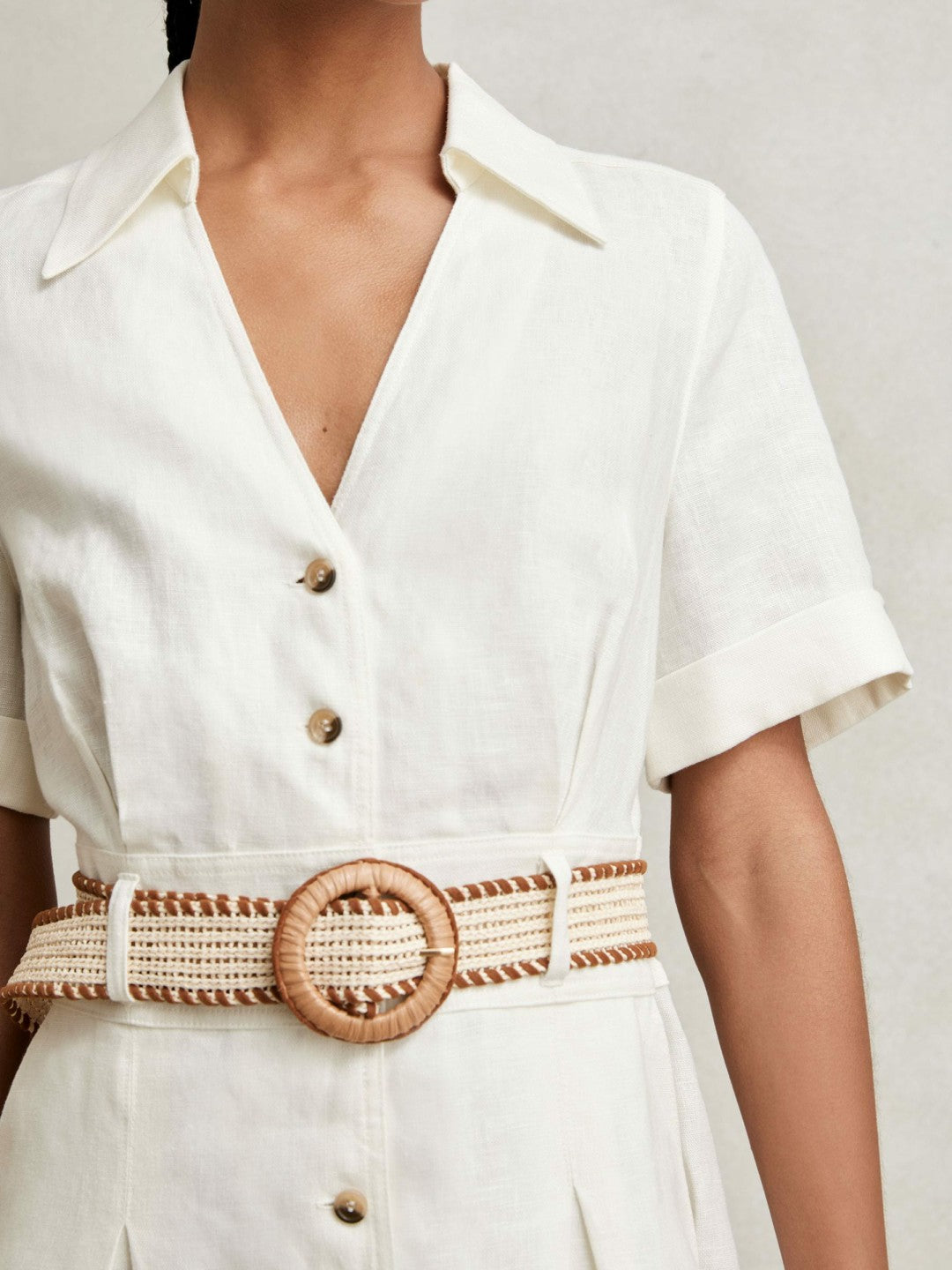 Petite Linen Belted Midi Shirt Dress in Ivory Women | Reiss
