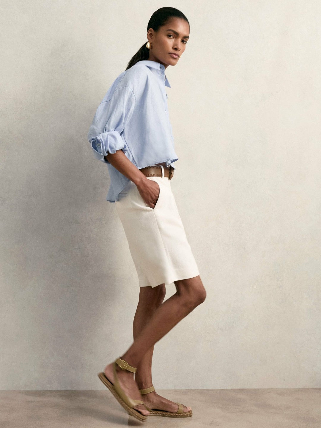 Oversize Linen Cropped Shirt in Blue Women | Reiss