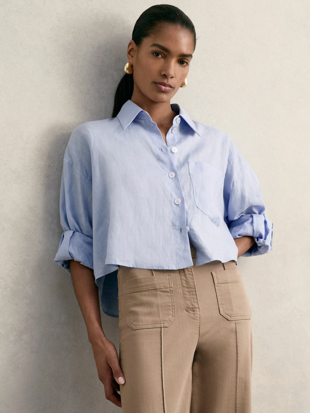 Oversize Linen Cropped Shirt in Blue Women | Reiss