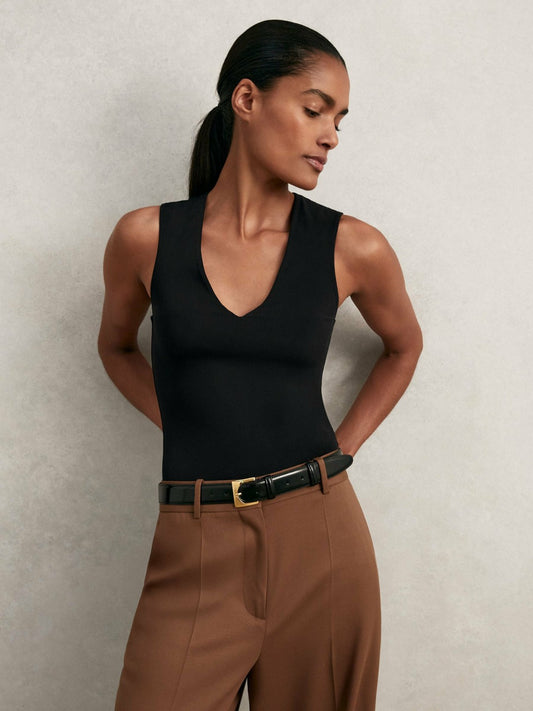 V-Neck Sleeveless Bodysuit in Black Women | Reiss