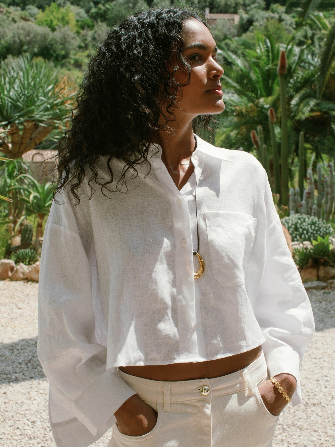 Oversize Linen Cropped Shirt in White Women | Reiss