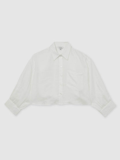 Oversize Linen Cropped Shirt in White Women | Reiss