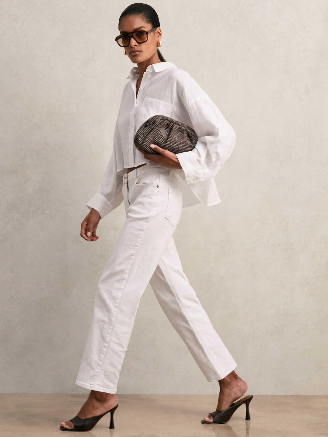Oversize Linen Cropped Shirt in White Women | Reiss