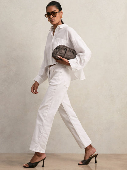 Oversize Linen Cropped Shirt in White Women | Reiss