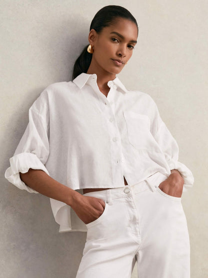 Oversize Linen Cropped Shirt in White Women | Reiss