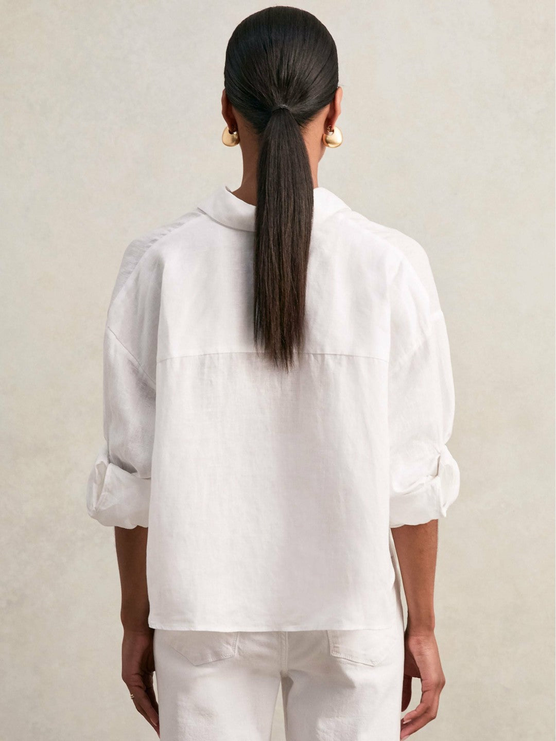 Oversize Linen Cropped Shirt in White Women | Reiss