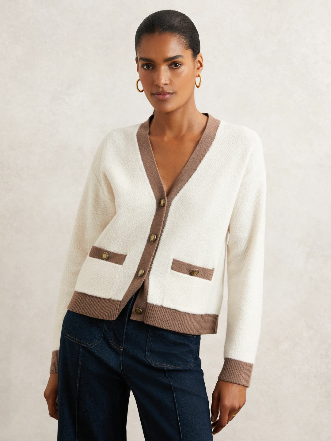 Wool Colourblock Cardigan in Cream/Neutral Women | Reiss