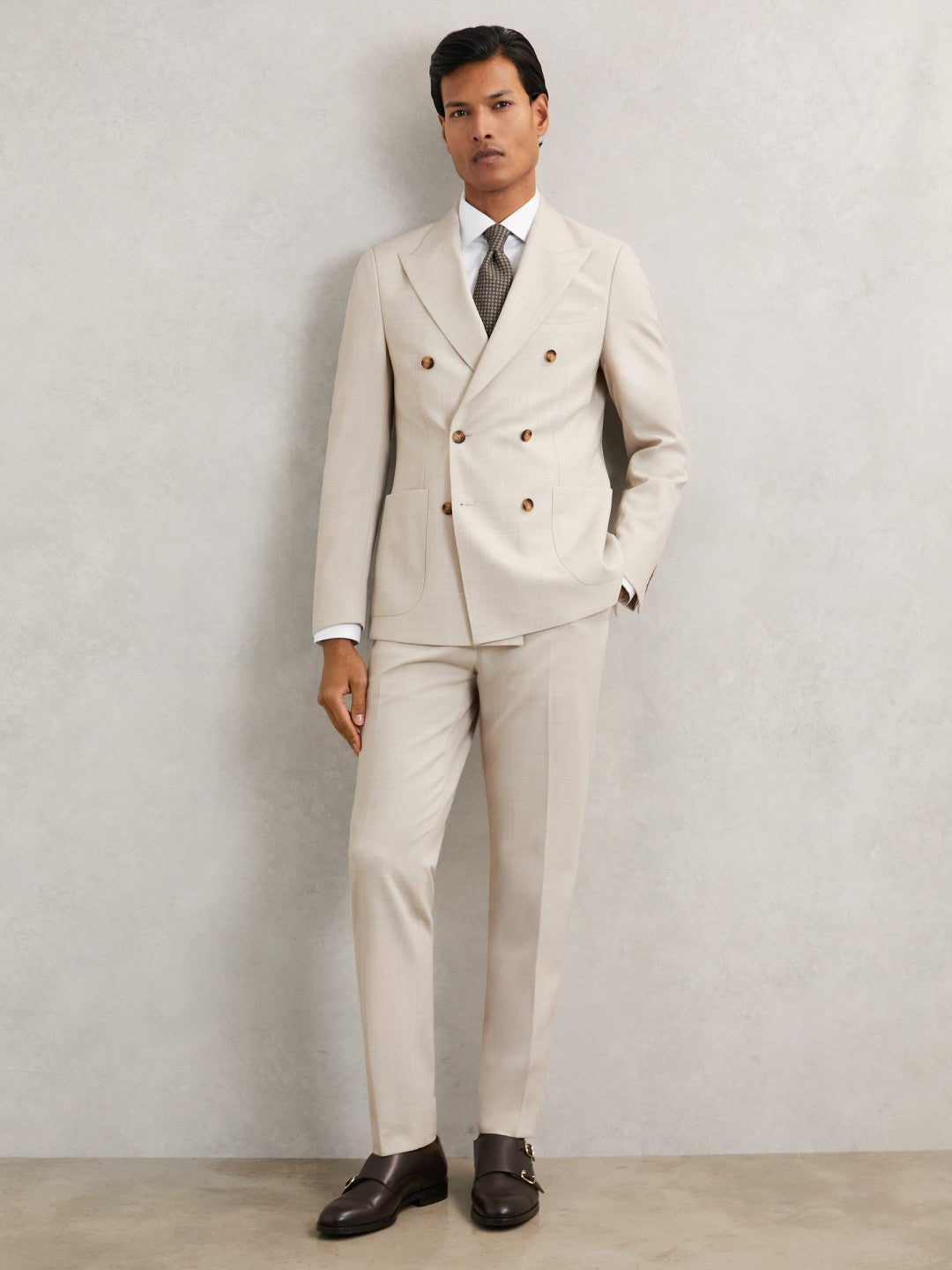 Slim-Fit Textured Suit Trousers With Wool in Stone Men | Reiss