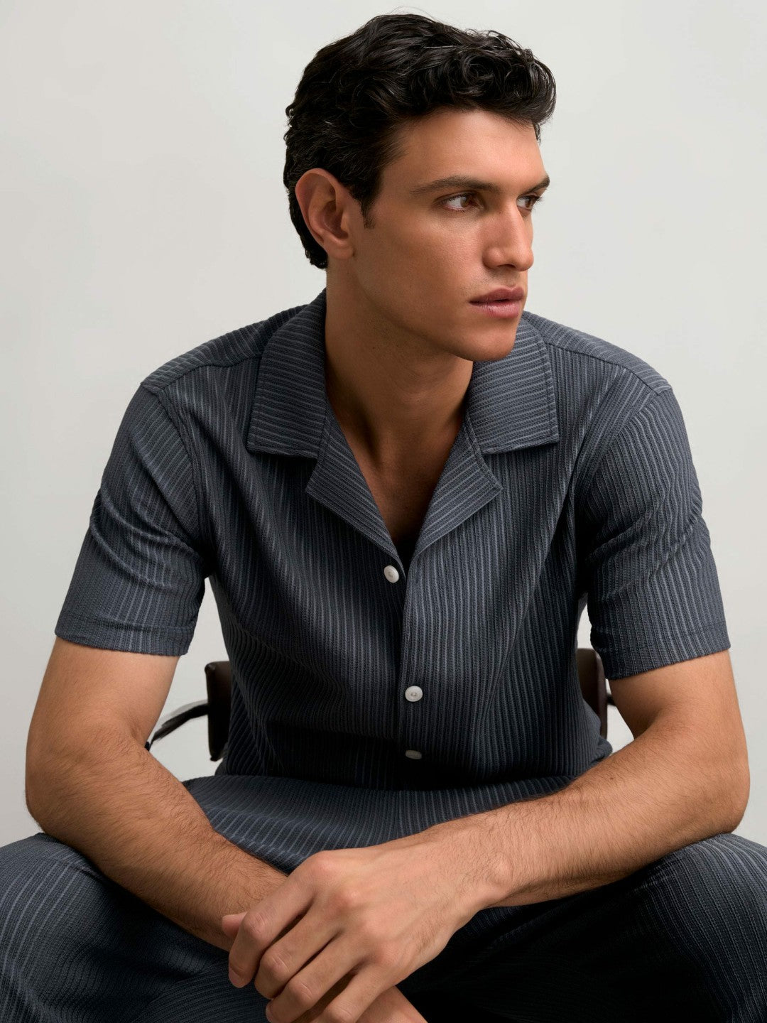 Textured-Stripe Cuban-Collar Shirt in Petrol Blue Men | Reiss