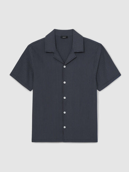 Textured-Stripe Cuban-Collar Shirt in Petrol Blue Men | Reiss