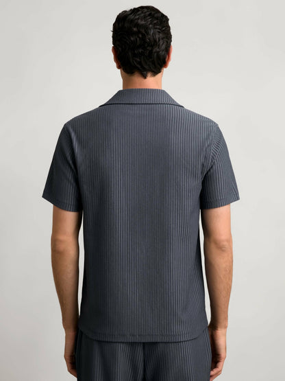 Textured-Stripe Cuban-Collar Shirt in Petrol Blue Men | Reiss
