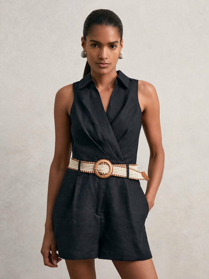 Linen Belted Sleeveless Wrap Playsuit in Navy Women | Reiss