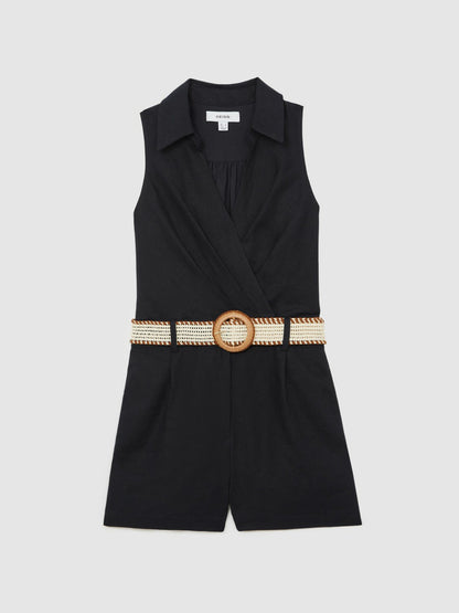 Linen Belted Sleeveless Wrap Playsuit in Navy Women | Reiss