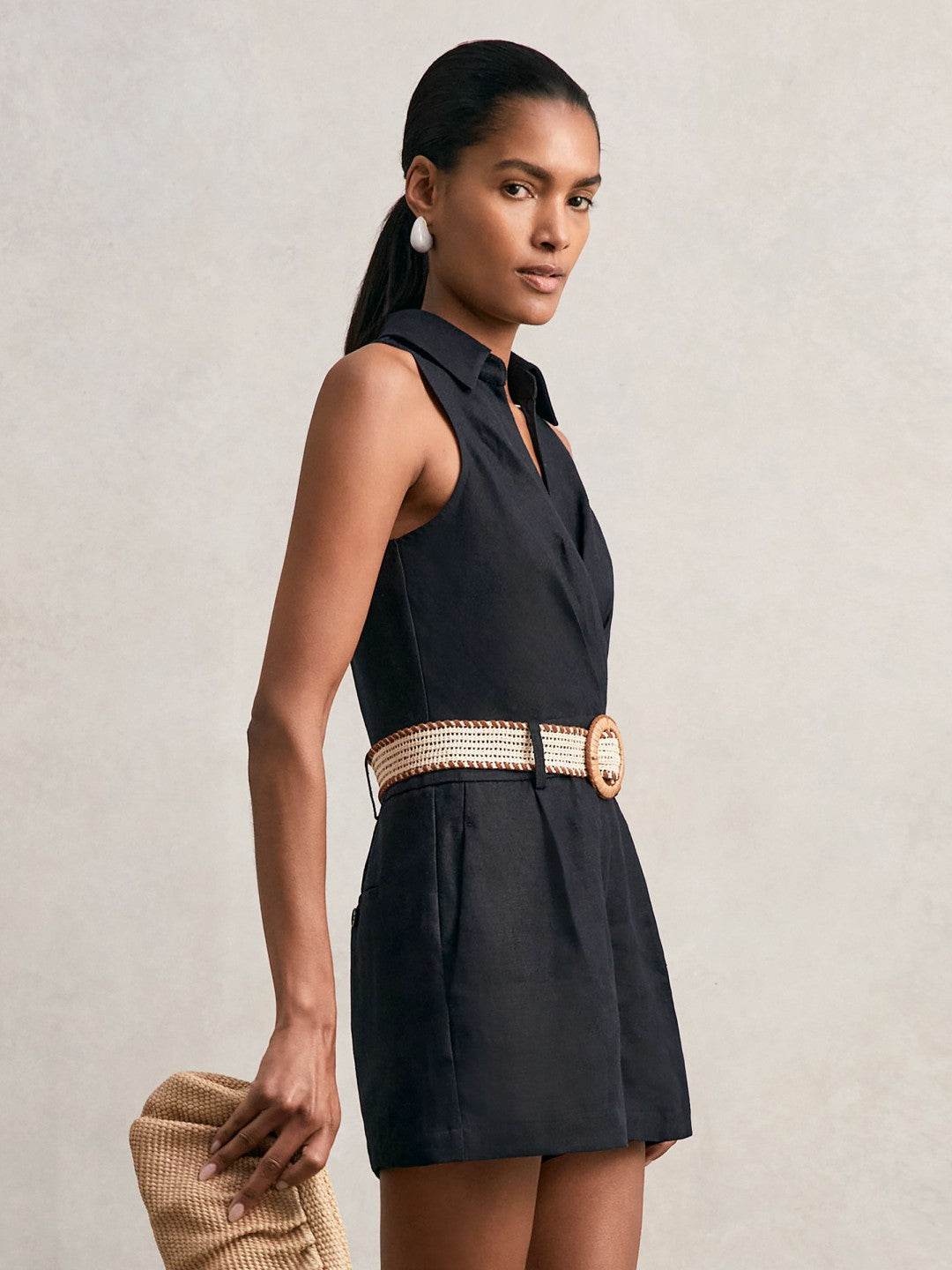 Linen Belted Sleeveless Wrap Playsuit in Navy Women | Reiss