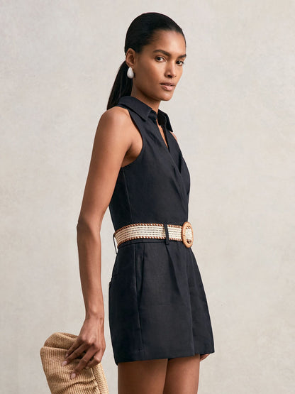 Linen Belted Sleeveless Wrap Playsuit in Navy Women | Reiss